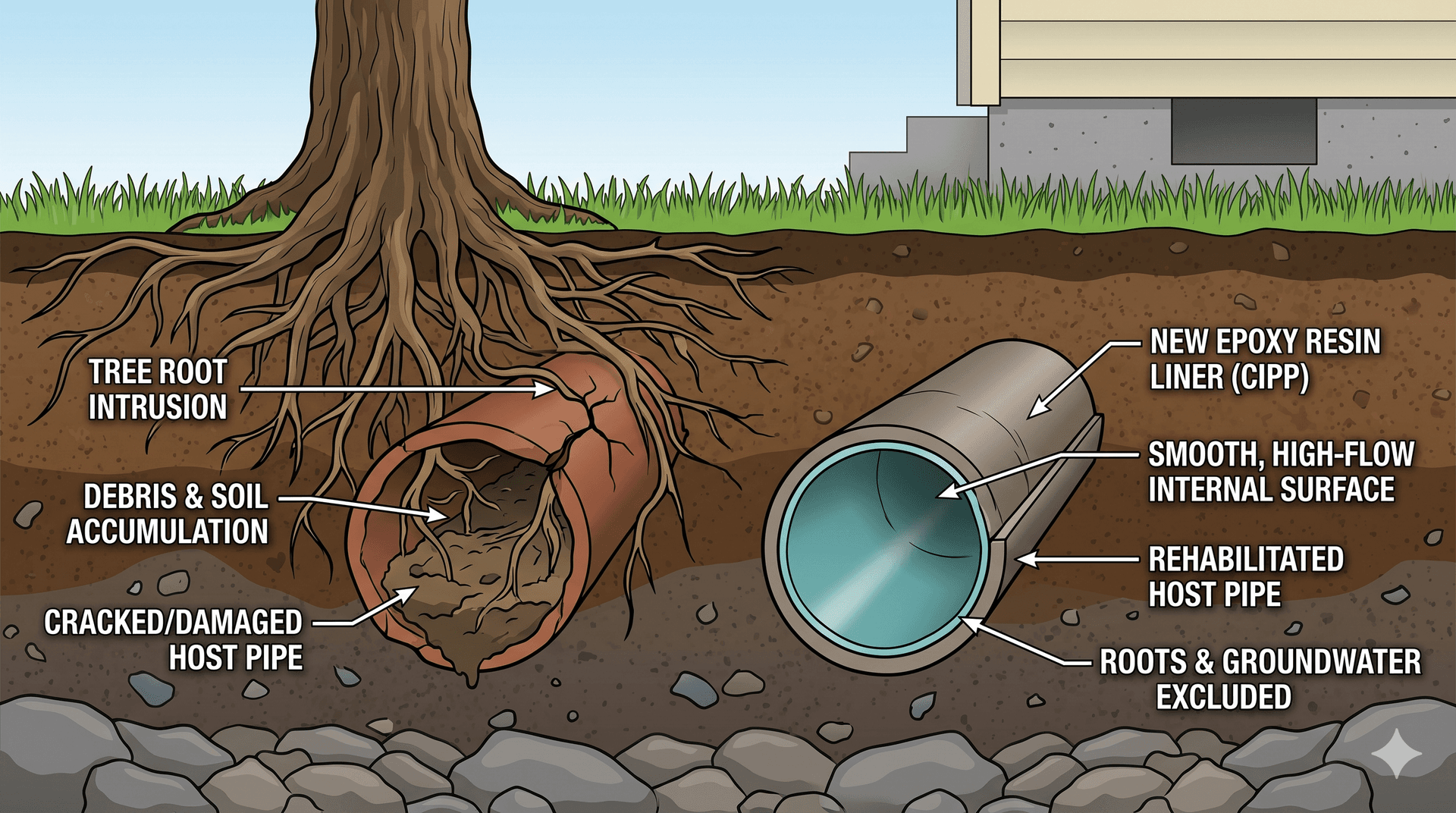 Field photo of root intrusion in a sewer line prior to CIPP relining